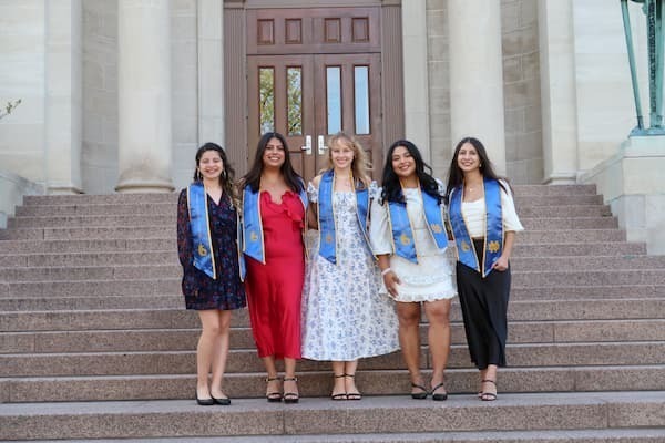LSSP 4 students on the front steps of Bond Hall: (from left to right Sylvia Garcia, Yesenia Mendoza-Arriaga, Sofia Casillas, Paola Ortiz, and Miranda Colon.